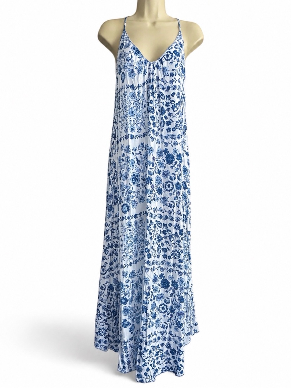 Poupette St Barth Blue White Floral Maxi Dress S Open Back Resort Boho Viscose - Picture 2 of 8